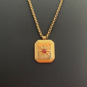 ✨Gold Square with Ruby Red Stone Starburst Pendant Necklace✨NEW Costume Jewelry